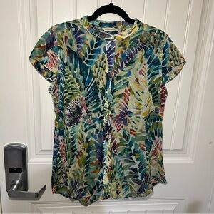 Soft Surroundings Anthea Multi-Color Hawaiian Palm Button Up Short Sleeve Blouse